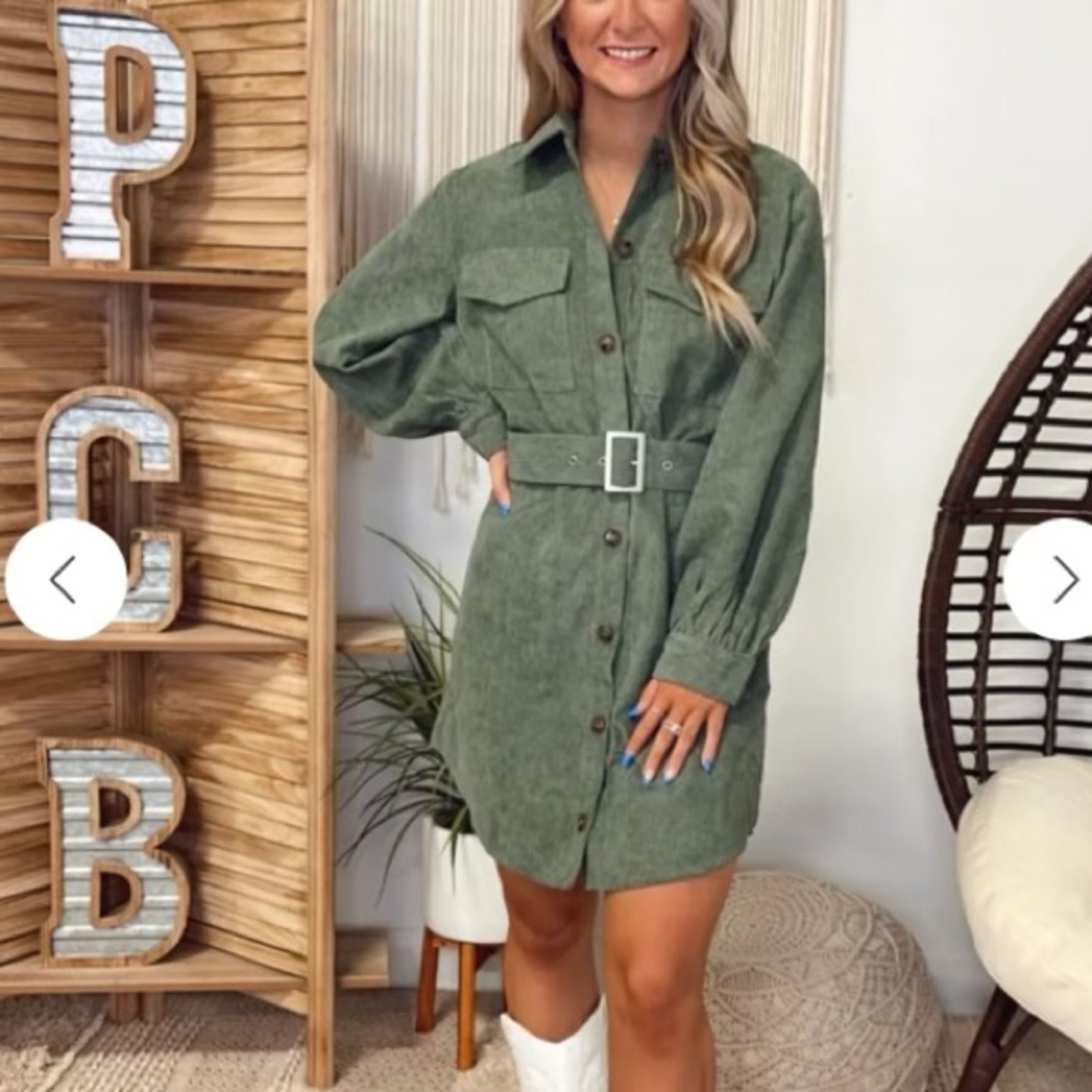 Olive Green Button Down Long Sleeve Mini Dress